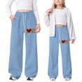 thumbnail image 2 of LRen Girl's Bowknot Baggy Sweatpants Lightweight Straight Leg Athletic Pants with Pockets Back To School Sweat Pants,Light Blue,6-7 Years, 2 of 5