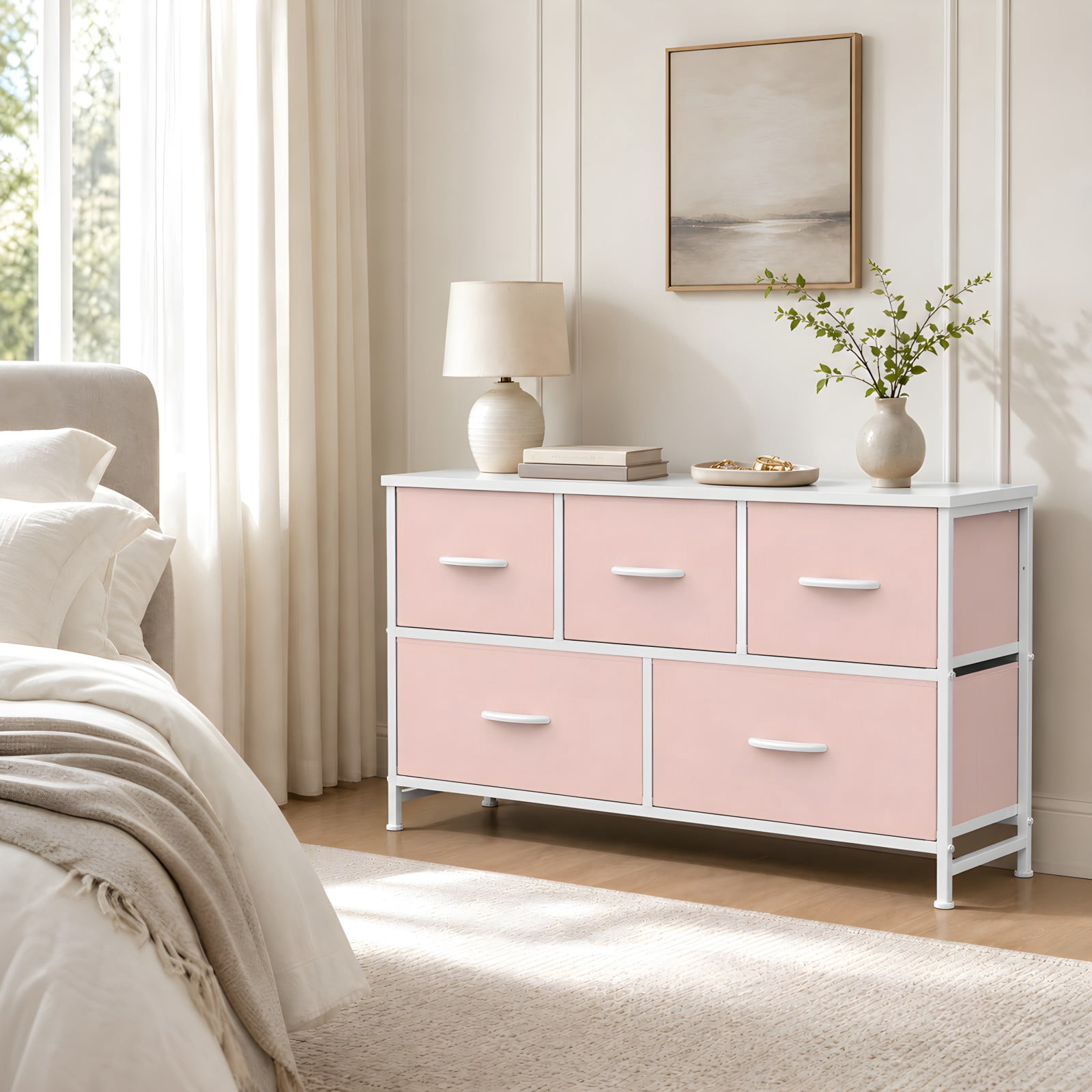 Telyra 5-Drawer Fabric Dresser TV Stand Organizer with Wood Top and Metal Frame, Pink
