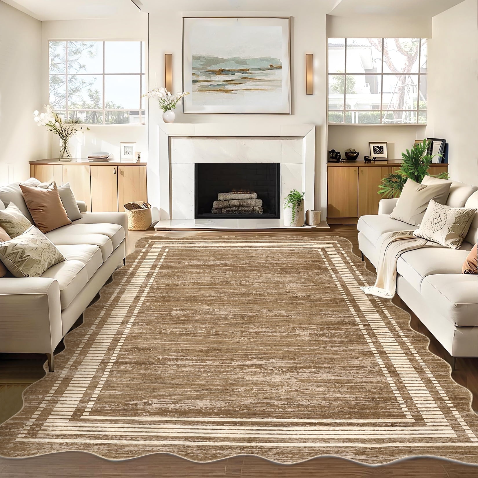 Garvee Modern Bordered Area Rugs, 5'x7' Abstract Aesthetic Soft Living Room Rug Irregular Non-Slip Low-Pile Scalloped Rugs Carpet for Bedroom Dining Room Home Office, Camel