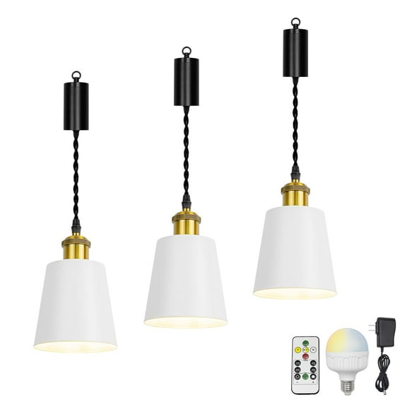 KAYYELAMP 3Pcs Remote Dimmable Rechargeable Battery 3.2Ft Adjustable Cord Hanging Light Copper Base White Metal Barrel Lampshade Vintage Design for Home Kitchen Bedroom