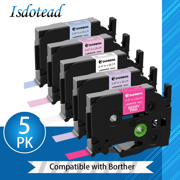 5Pack Laminated TZ Tape Colored Label Maker Refills, Compatible Brother P Touch Label Tape TZe 12mm 0.47, for Brother Ptouch PT-D210 D220 H110 D400 1000 1280 Printer, White/Berry Pink/Purple/Pink/Blu