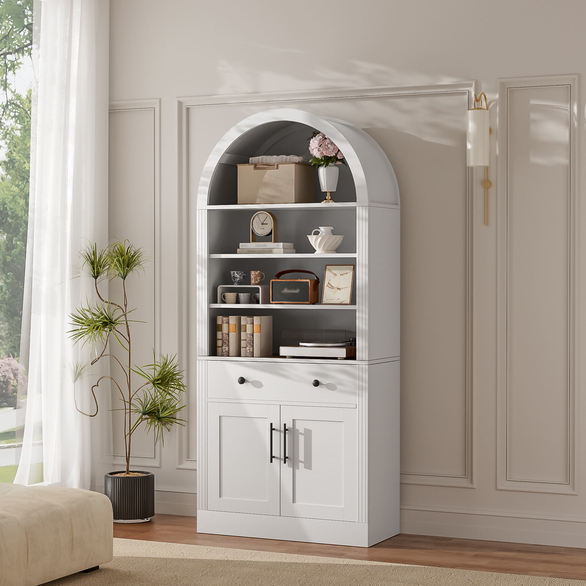 Euroco 70.9" Tall Arched Bookcase with Doors,Modern 6-Tier Bookshelves with Storage Drawer & Adjustable Shelves,Freestanding Kitchen Pantry Cabinet for Living Room,Home Office,White