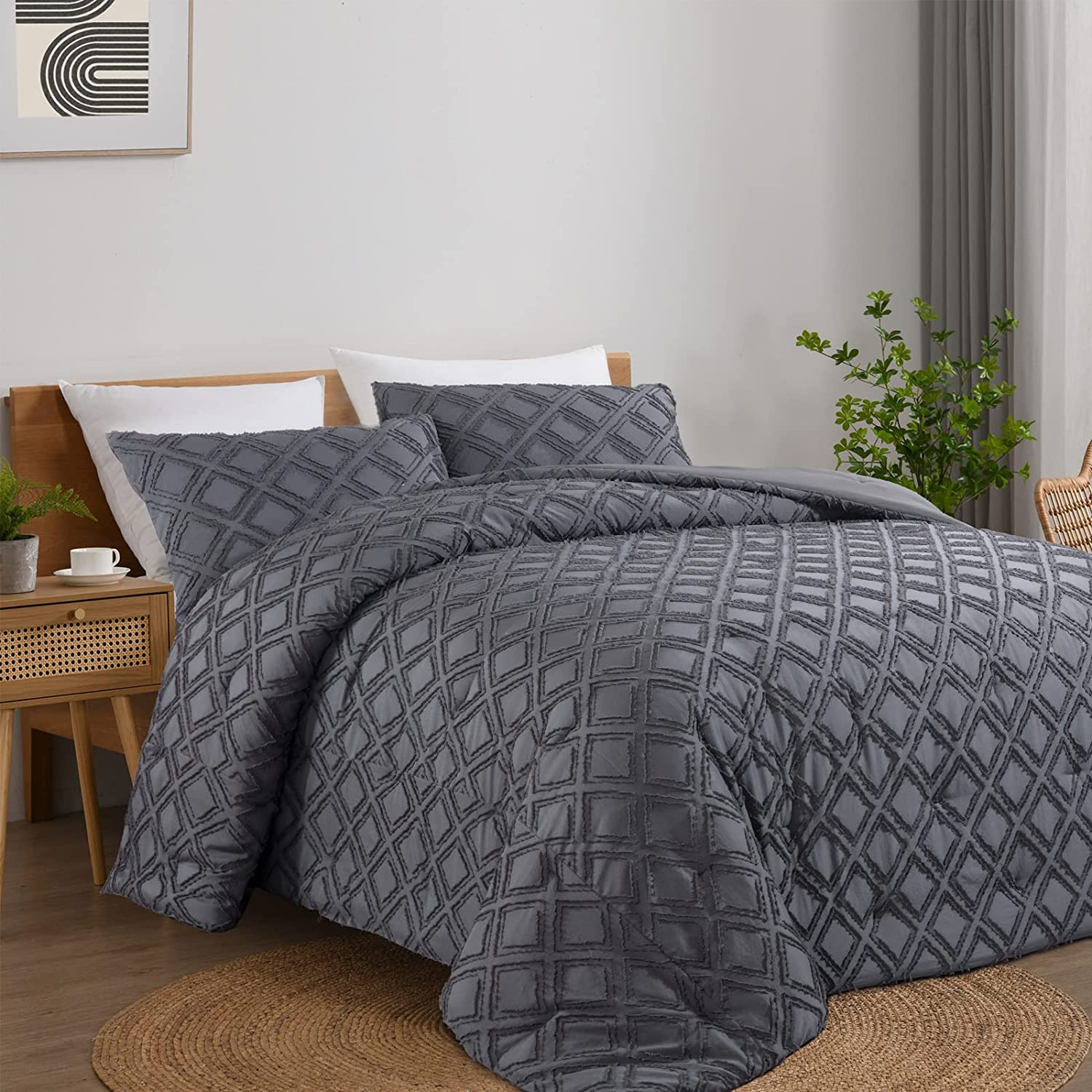 LINSHUI Oversized King Boho Comforter Set 120x120, Tufted Jacquard