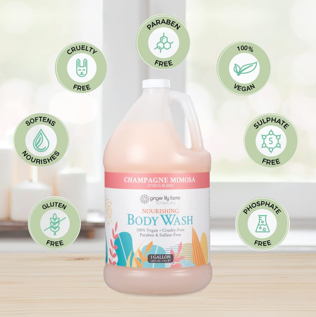 Ginger Lily Farms Botanicals Champagne Mimosa Nourishing Body Wash, Softens, Nourishes and Cleans Skin, Natural Spa Quality, 1 Gallon