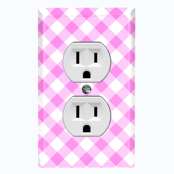Metal Light Switch Wall Plate Outlet Cover (Pastel Pink Gingham Picnic Wallpaper- Single Duplex)