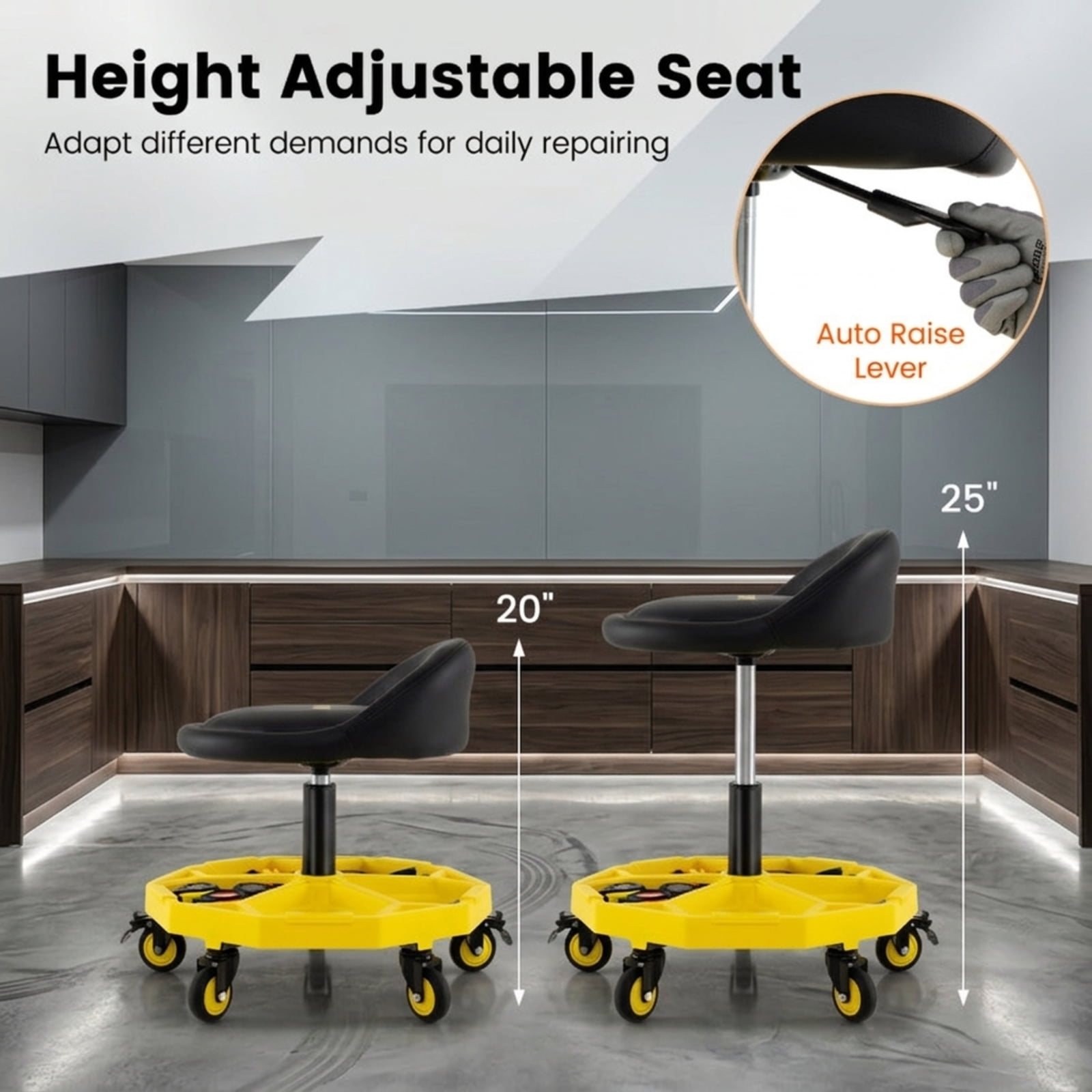 Biotree 20 Inch Rolling Mechanic Stool 25" x 20" x 6.3" with Tool Tray for Garage Shop Adjustable Height Shop Seat for Garage, Yellow