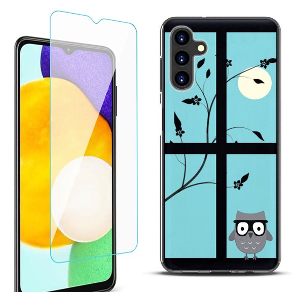 Slim-Fit Protective Fashion Phone Case (Black) for Samsung Galaxy A13 5G, with Tempered Glass Screen Protector, by OneToughShield ® - Moon Owl