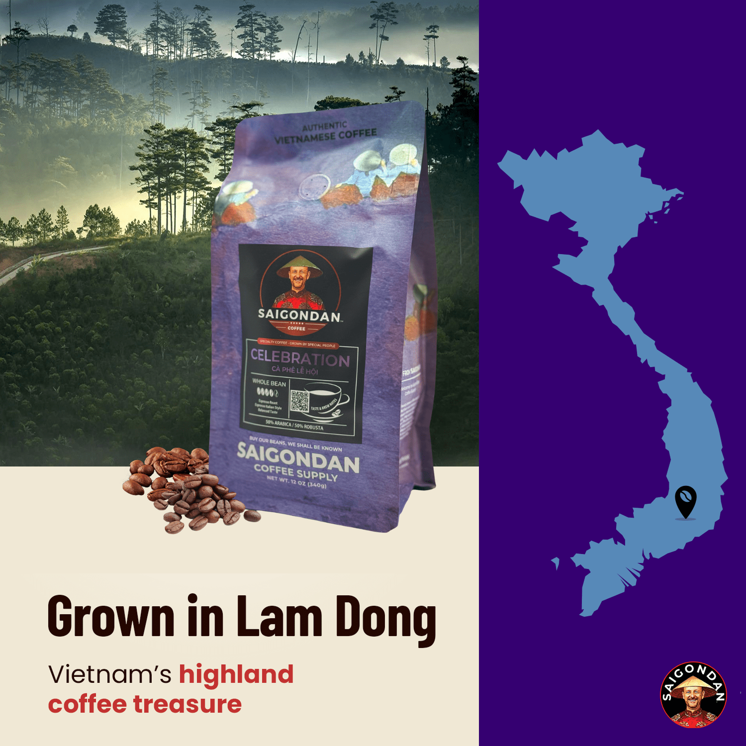 SaigonDan Celebration Espresso Roast Coffee — Bold Italian-Style Blend, Arabica + Robusta, Whole Bean, 12 oz