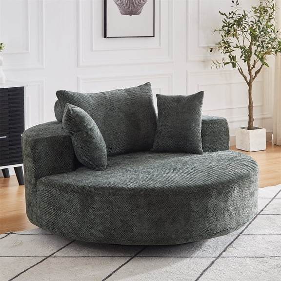 Aukfa 55 in Swivel Accent Chair, Oversized Round Cloud Sofa Chair for Living Room Bedroom, 3 Pillows, Chenille, Green