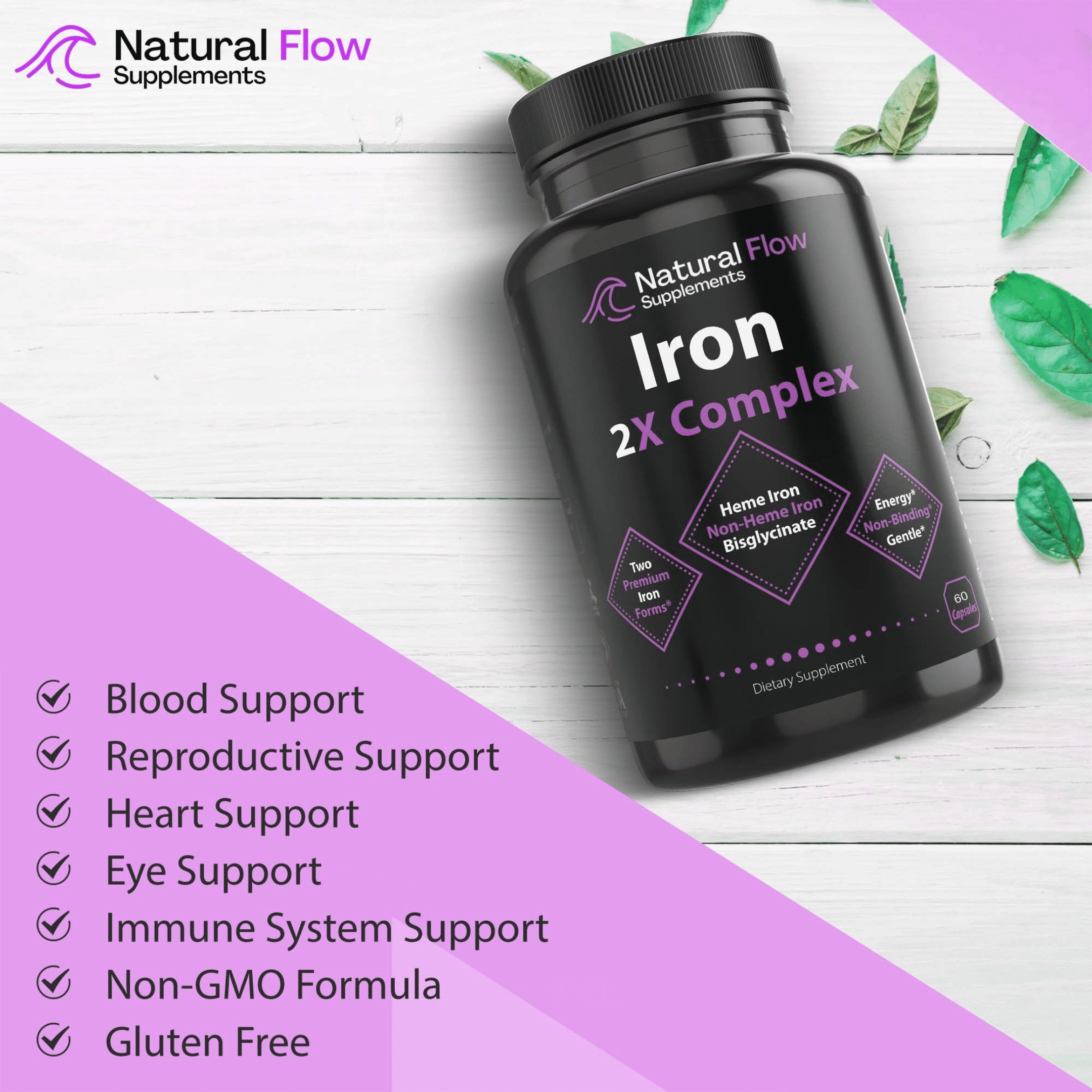 Natural Flow Supplements Iron 2-in-1 Premium Complete Complex, 2X Heme and Non-Heme Iron Blend Formula, 60 Caps