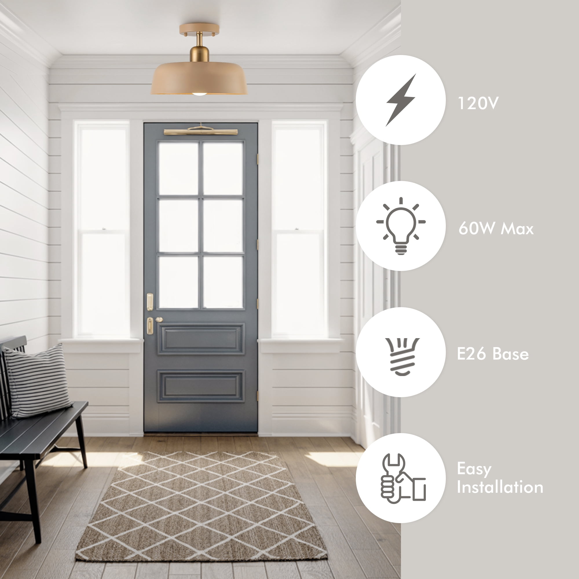FTL Modern Semi Flush Mount Ceiling Light Brown and Gold Metal Shade 12.6" Mid Century Close to Ceiling Light Fixture for Kitchen Hallway Entryway Foyer Bedroom Laundry Room