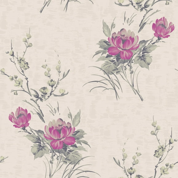 Floral Fuscia, Beige Flowers Wallpaper Roll