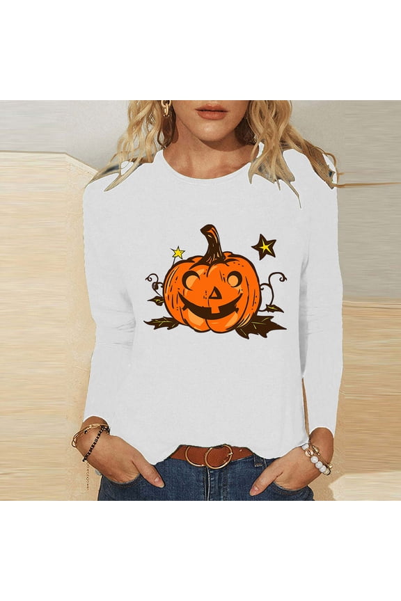 Halloween Shirts for Women Funny Pumpkin Ghost Graphic Tees Stretch Round Neck T-shirt Long Sleeve Dressy Casual Blouse Tops Halloween Clothes
