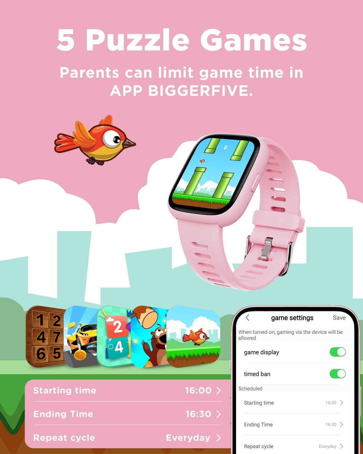 BIGGERFIVE Smart Watch for Kids, 1.8" Fitness Tracker Watch Pedometer, IP68 Waterproof, Sleep Monitor, Calorie Step Counter, 5 Puzzle Games with/Without APP for Girls Teens 5-16