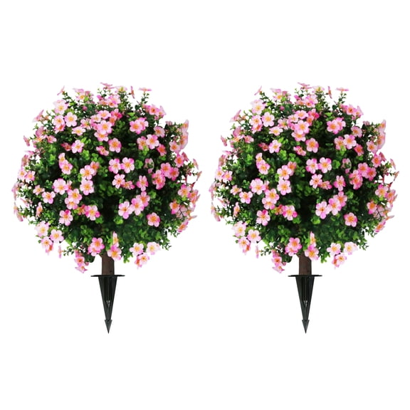 Bibana Set of 2 Artificial Boxwood Topiary Ball Trees with Pink Flower, Faux Shrub Bushes with Ground Spike 25.5", UV Resistant Fake Boxwood Plants for Indoor, Garden, Porch, Patio Decor
