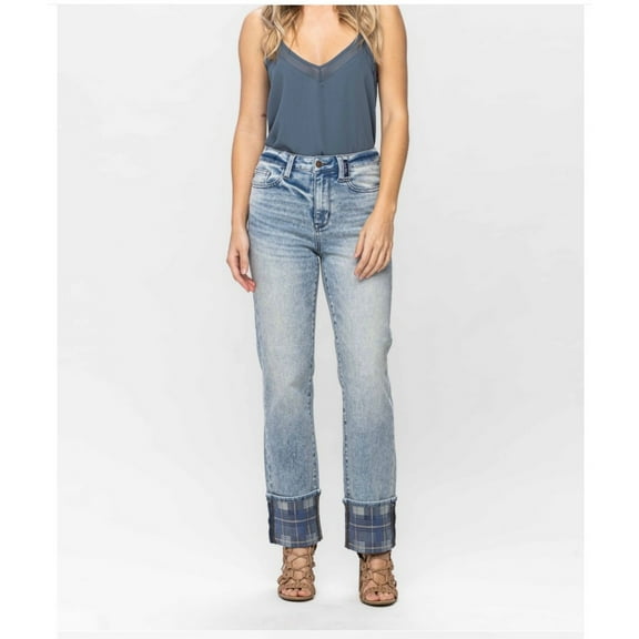 JUDY BLUE HIGH WAIST VINTAGE PLAID CUFF STRAIGHT JEANS