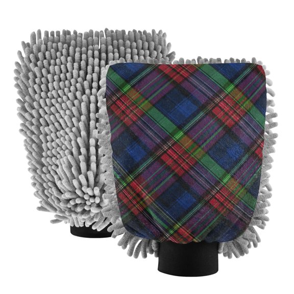 Microfiber Car Wash Gloves With Chenille & Polyester Terry Scratch-Free Cleaning Elastic Cuffs Tartan Dark Blue Green