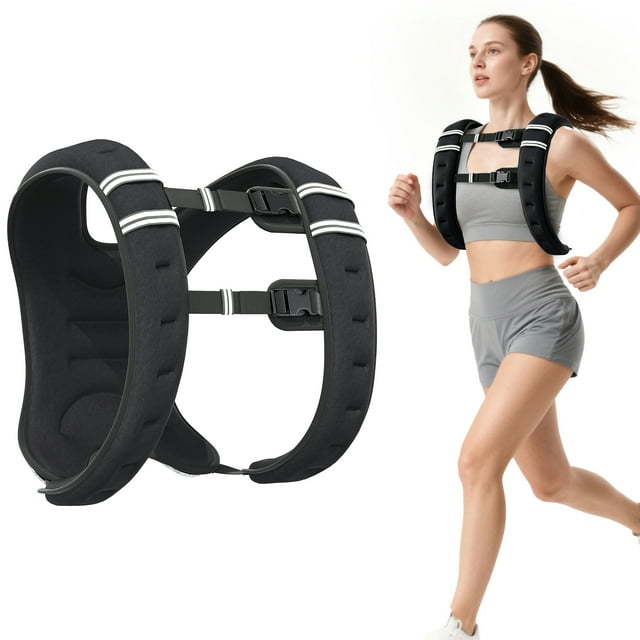 Soozier 11 lbs Weighted Vest with adjustable straps, crafted from black oxford fabric and filled with metal sand. Features broad, thick shoulder straps for comfort and a secure fit during workouts. Includes a mesh pocket for small items like keys or a phone. Ideal for strength training, running, walking, and jumping exercises.