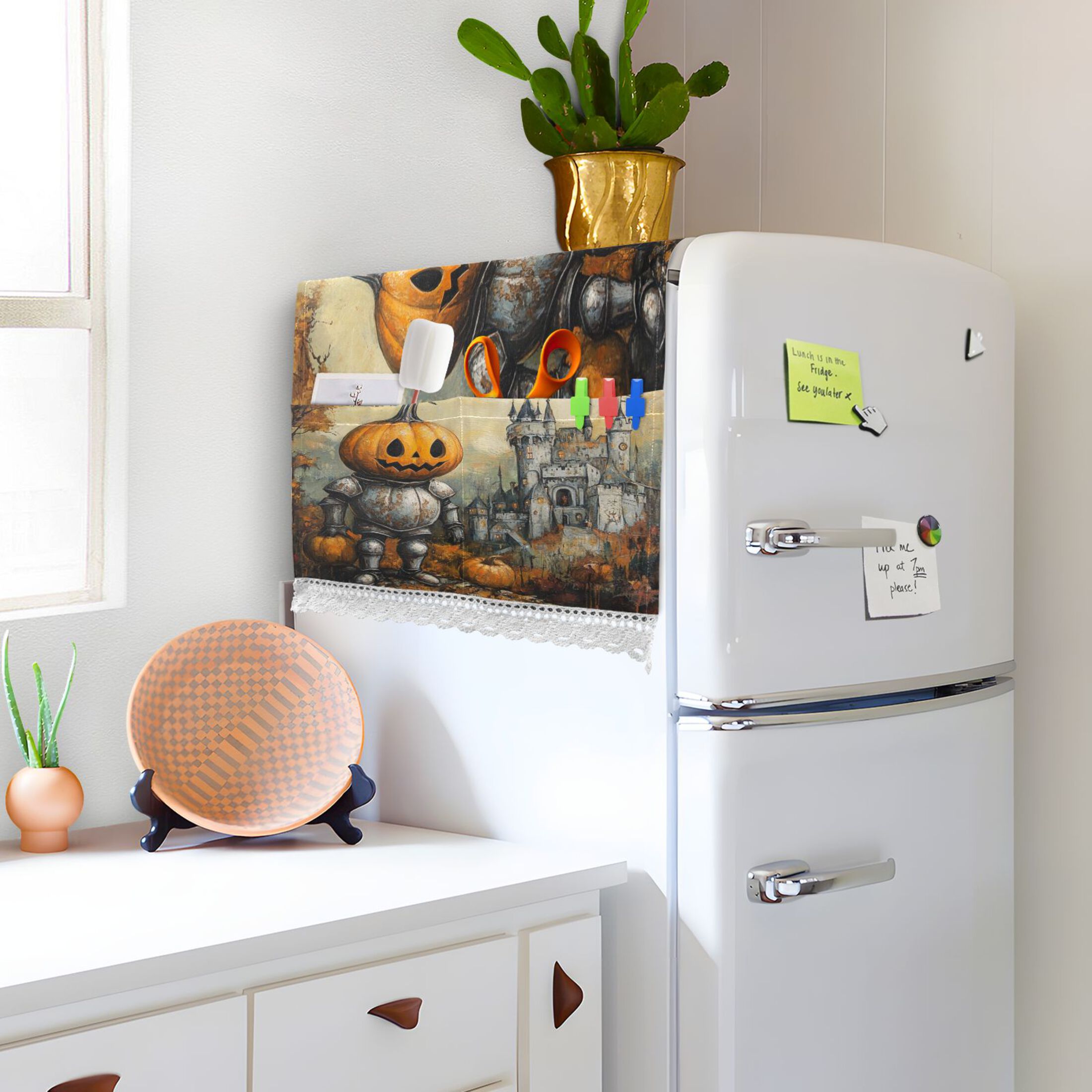 Cute Pumpkin KnightWasher and Dryer Covers Dust-Proof and Oil Resistant Fridge Cover with 4 Storage Pockets Washing Machine Top Cover for Laundry Kitchen Home 51.2 x 22 In