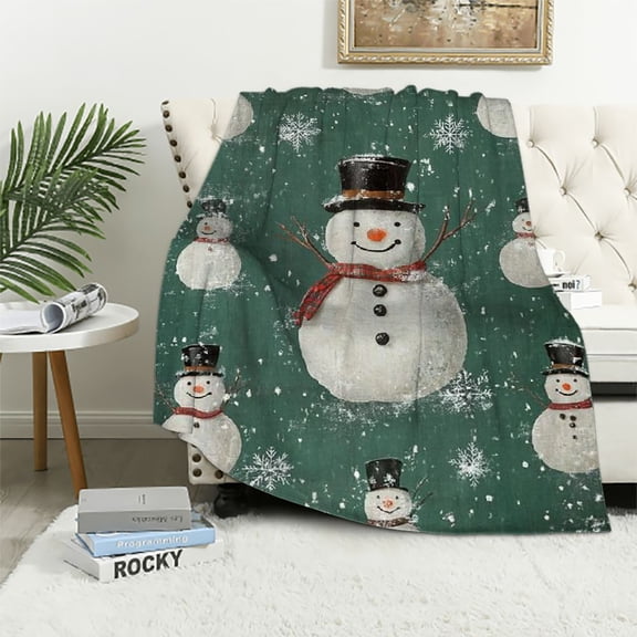 PHYHOO Vintage Snowman Christmas Throw Blanket- Ultra Soft, Fleece, Lightweight, Top Hat and Snowflakes Green Blankets, for Couch Room Bedroom, Rustic Holiday Decor, Gifts for Kids Girls 40x50in