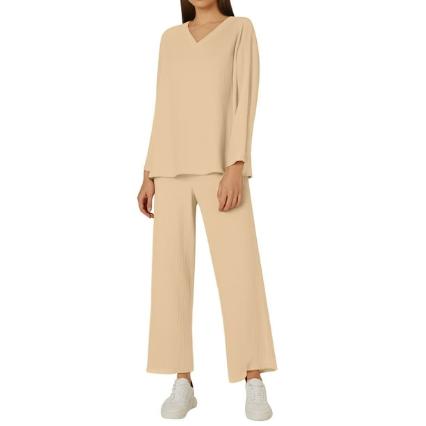 Conjunto de dos piezas de lino de color liso con cuello en V para mujer - Tejido de poliéster - Estilo holgado e informal