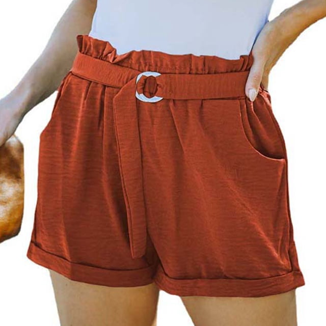 Pantalones cortos de cintura elástica para mujer, color naranja, tiro alto, bolsillos, corte recto, estilo informal, para verano