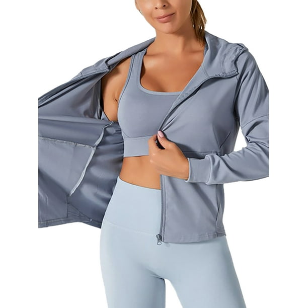 Fashnice Ladies Workout Top Long Sleeve Track Jacket Solid Color Yoga  Jackets Athletic Running Tunic Gray Lake Blue XL 
