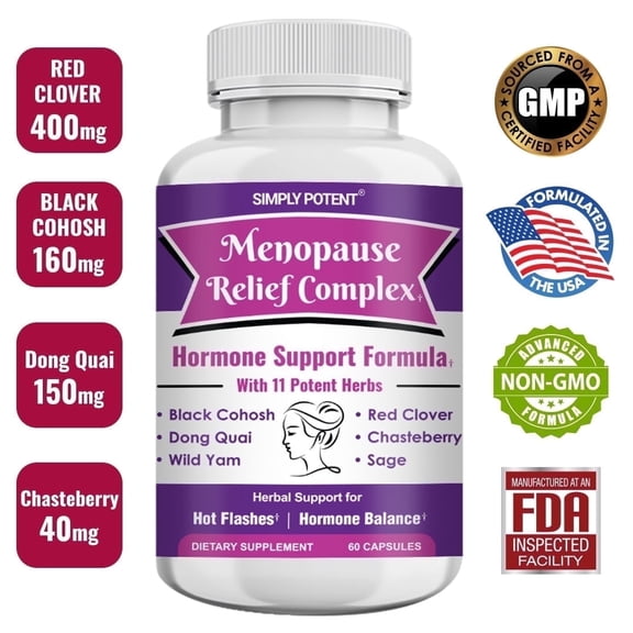 Simply Potent Menopause Relief Supplements, Herbal Hormone Balance for Women with Black Cohosh, Red Clover