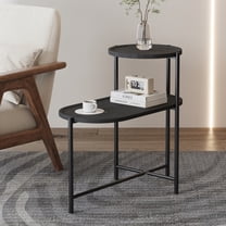 Round Coffee Table with Storage Tray, 2 Tier Oval End Tables, Wooden Small Side Table for Living Room (Black)