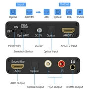 ARC audio extractor, 192KHz digital-to-analog audio converter DAC converter, HDMI ARC or SPDIF/optical to HDMI, SPDIF/optical, 3.5mm jack and stereo L/R outputs for TVs, DVDs and game consoles