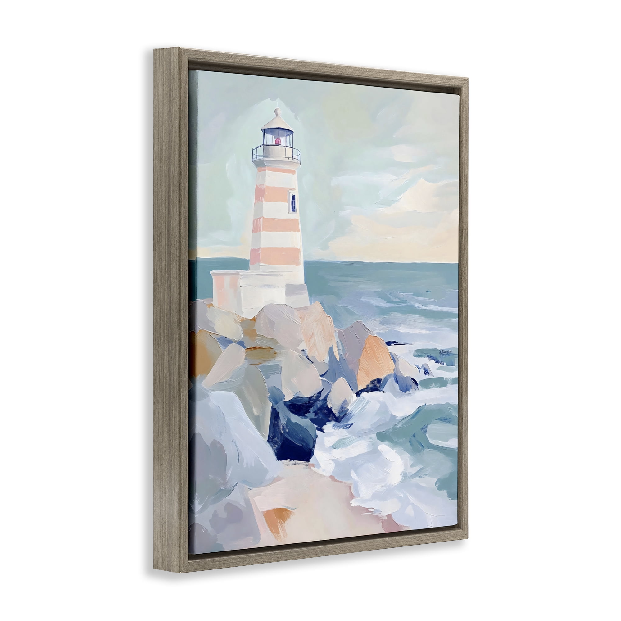 Stupell Industries Coastal Lighthouse in Pastels Brown Framed Floater Canvas Wall Art, design by Creative Studio