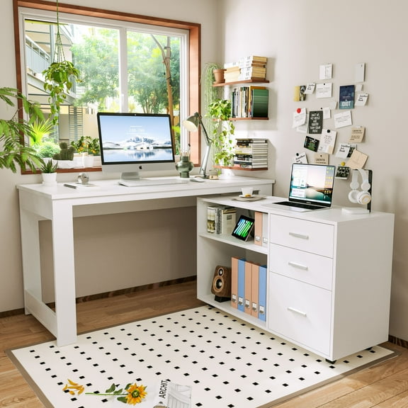 Tolead L-Shaped Desk with Drawers and 2 Shelve, 55 Inch, White