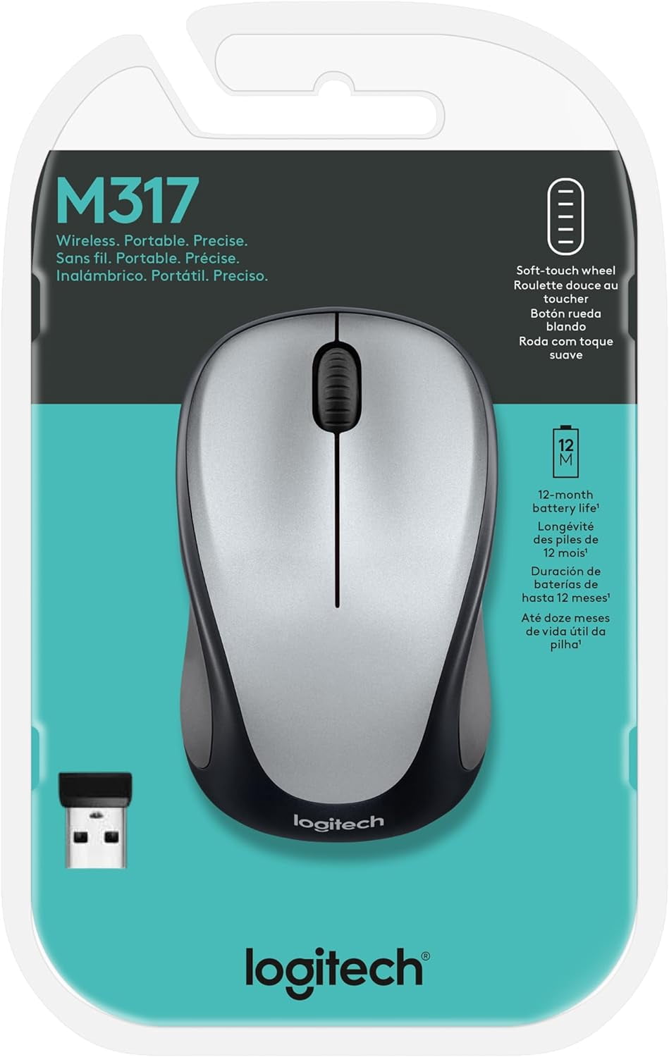 Logitech M317 Mouse, 2.4 GHz with USB Receiver, 1000 DPI Optical Tracking, 12 Month y, Compatible