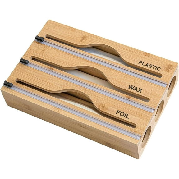1pc Bamboo Dispenser With Cutter For 12.5" Roll Foil Plastic Wrap, Foil Organizer, Aluminum Foil Wax, Parchment, Wax Paper