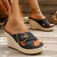 thumbnail image 4 of Rokment Womens Espadrilles Platform Wedge Sandals Trendy Casual Denim Leopard Buckles Open Toe Chunky High Heels Slip on Summer Dress Slides 2026 Black Size 6.5, 4 of 5