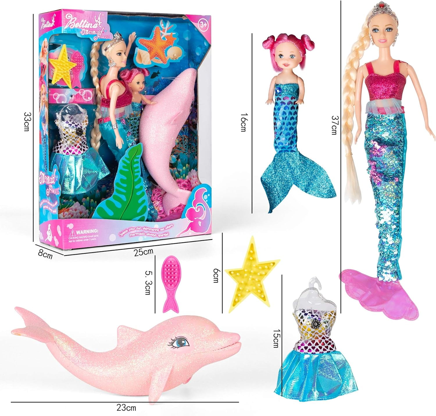 Yellow River Mermaid Princess Doll Set with Doll Clothes and Dolphin, Pink