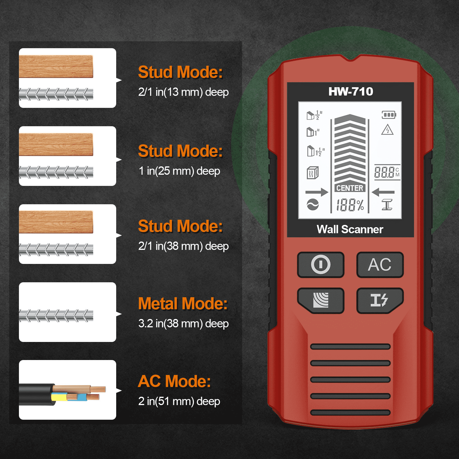 Detector manual multifunción de metales y paredes,Portable Wire Pipe Power Detector,6 In 1 Stud Finder Wall Scanner,HD LCD Display and Audio Alarm, High Sensitivity Sensor for Detecting Wood,Cables
