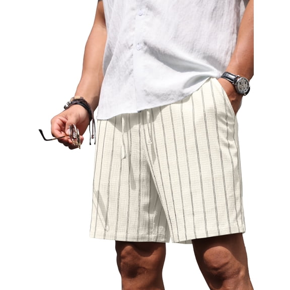 GIRUNS Mens Casual Shorts 7 Inch Striped Summer Beach Drawstring Elastic Waist Shorts with Pockets White L