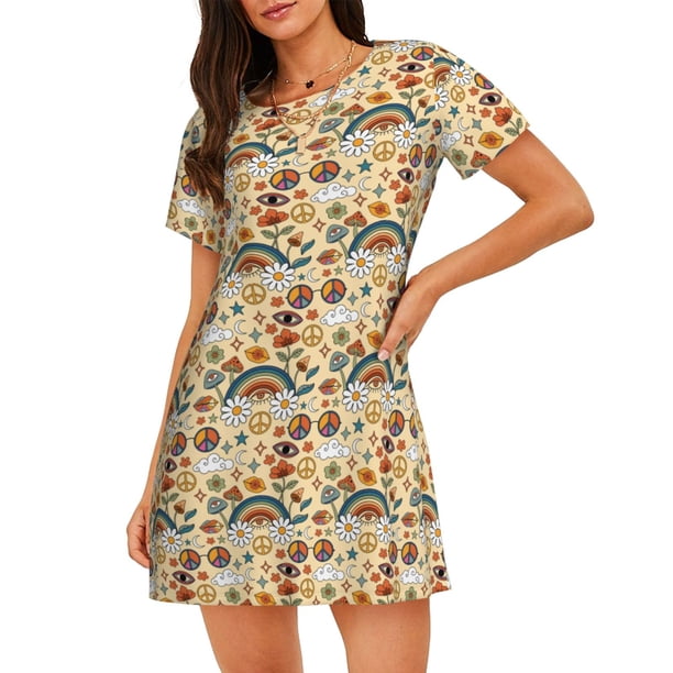 Easygdp 70s Hippie Style Camisón de manga corta para mujer, informal, estampado