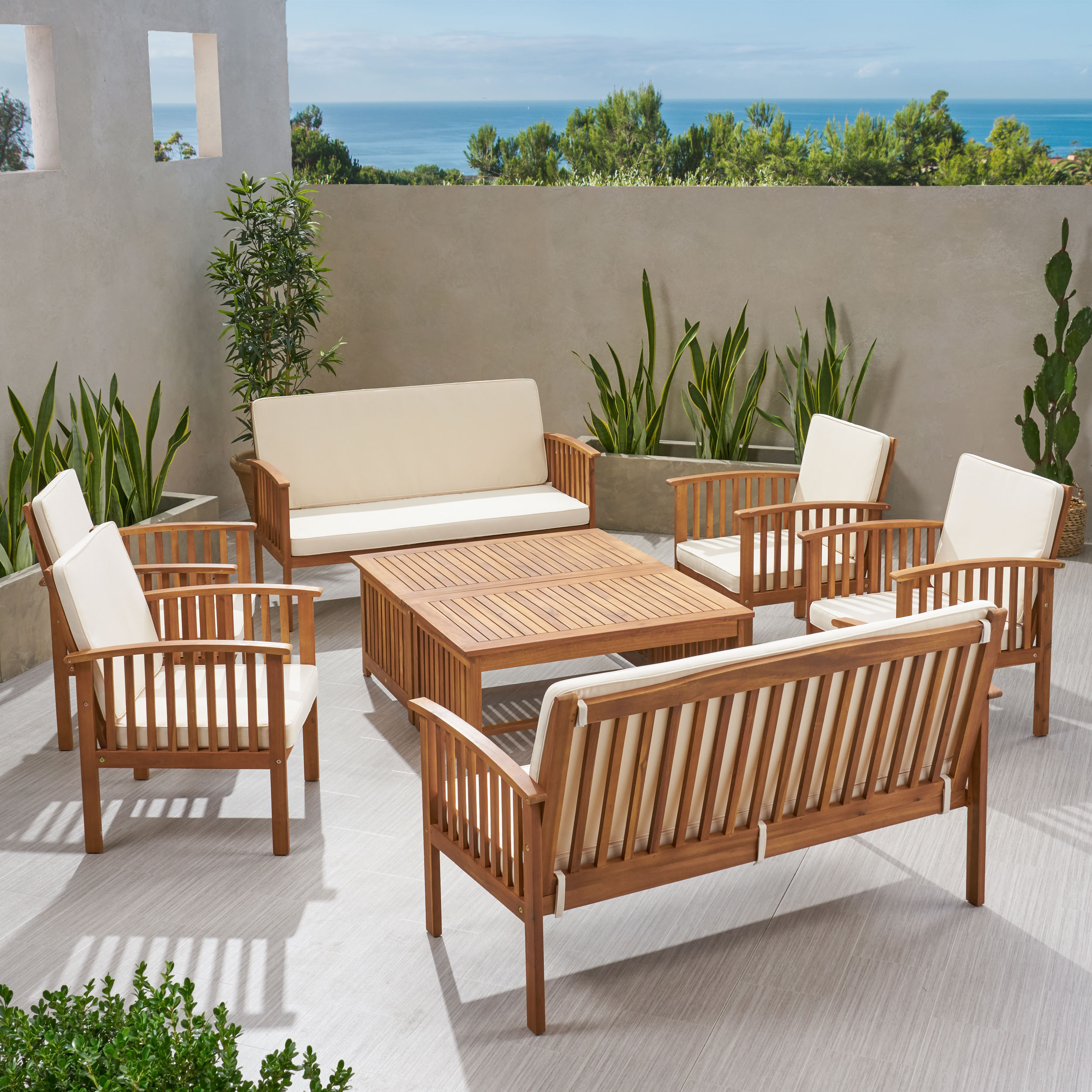 Tucson Outdoor Acacia Wood 8 Seater Sectional Sofa Chat Set with Cushions - image 4 of 8