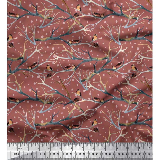 Soimoi Brown Poly Georgette Fabric Branch,Dot & American Robin Bird Decor Fabric Printed BTY 42 Inch Wide