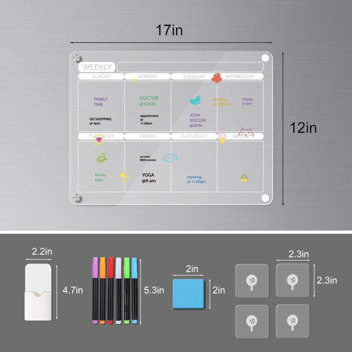 Acrylic Magnetic Dry Erase Calendar Board for Fridge, 16"X12" - Erasable Monthly and Weekly Planner with to-Do List, Includes 6 Markers Eraser