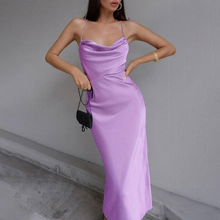 Xmarks Women's Spaghetti Strap Cowl Neck Long Slip Satin Silk Midi Dress  Purple S-3XL - Walmart.com