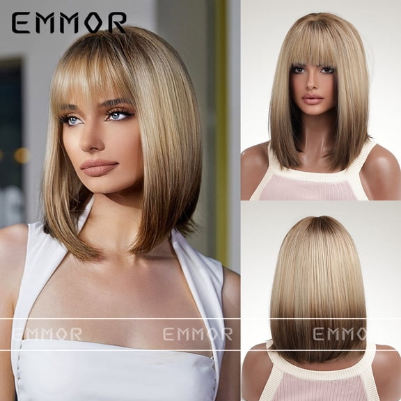 Medium Length Straight Hair Wig for Women, New Cross-Border Style with Bangs, Gradient Blonde Wig, European and American Style Natural Full Wig