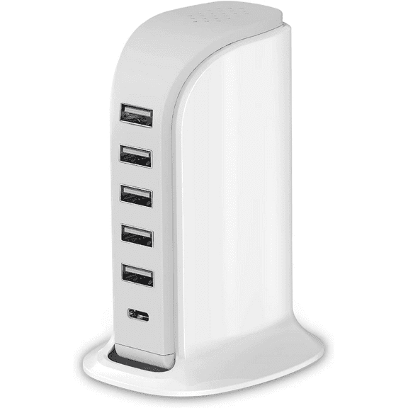 Charging Station for Multiple Devices 40W Upoy, Wall Charger Block 5 USB Ports(Shared 6A), USB Charging Hub Smart IC, Charger Tower with Type-C 3A for iPhone iPad Tablets Smartphones, Home Office Use