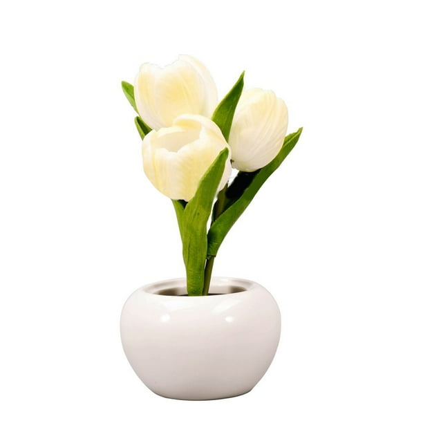 Lámpara de noche de tulipán, luz suave, exquisita cerámica, lámpara de mesa con flores de poliuretano para librerías, cafeterías, funciona con pilas, base de cerámica blanca.