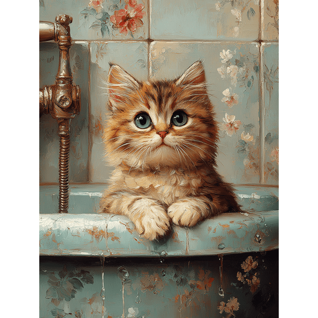 Qisvanset 12x16 Inch 2D Flat Framed Canvas Art, Kitten Bathtub Vintage Oil Painting Whimsical Pet Lover Home Wall Gift