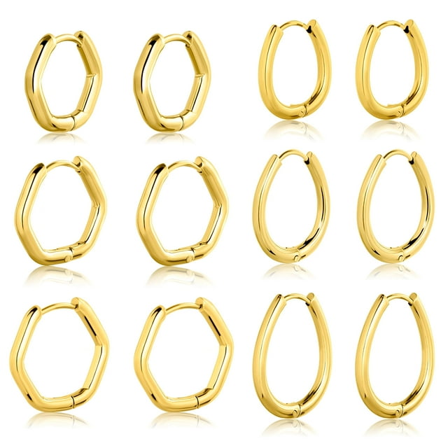 Aros pequeños JeenMata 6 Pares Chapados en Oro Amarillo Huggie para Mujer