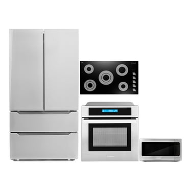 Cosmo 4 Piece Kitchen Appliance Package 36" Electric Cooktop 24" Single Electric Wall Oven 24.4" Countertop Microwave & French Door Refrigerator Kitchen Appliance Bundles