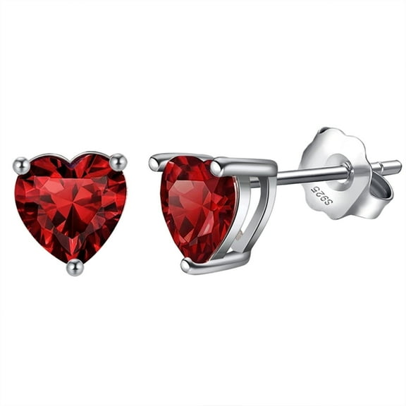 Bellitia Jewelry 925 Sterling Silver January Birthstone Heart Stud Earrings for Women, Gemstone Earring with Red Garnet Anniversary Birthday Jewellery Gift
